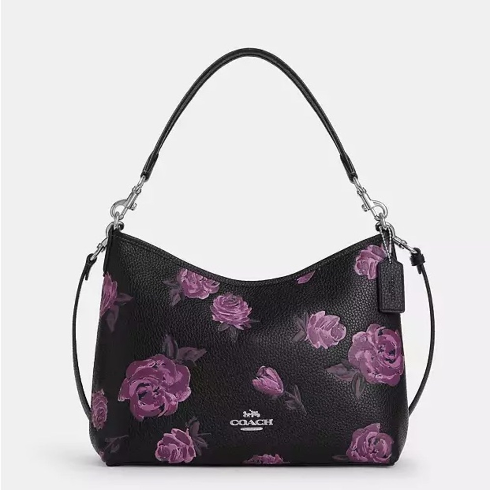 NWT Coach Laurel Shoulder Bag With Floral Print CCE26 Black/Purple PRICE IS FIRM